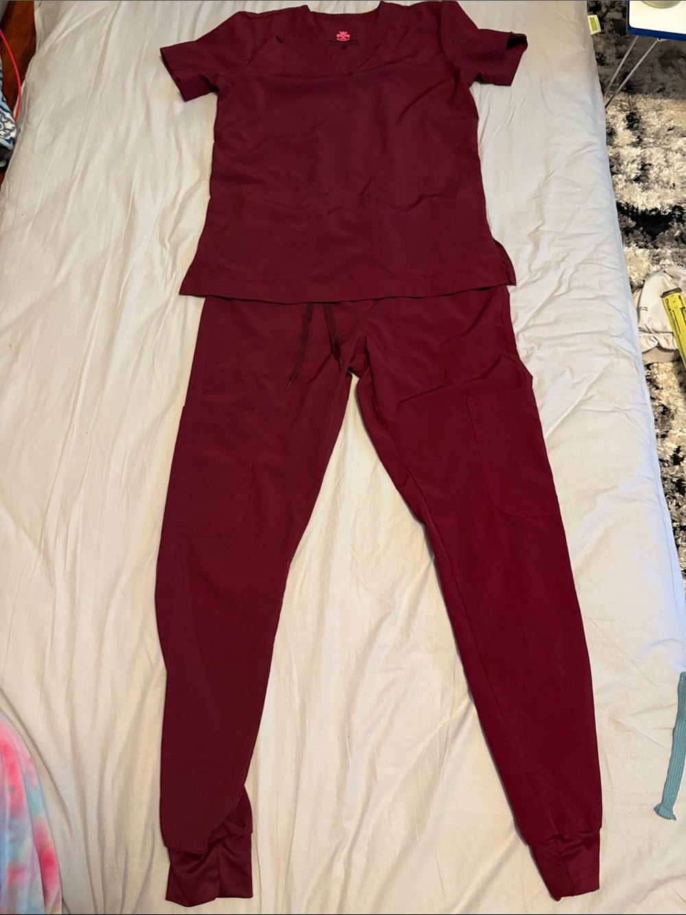 Unbranded Women's Burgundy Jogger Scrub Pants - Drawstring Waist